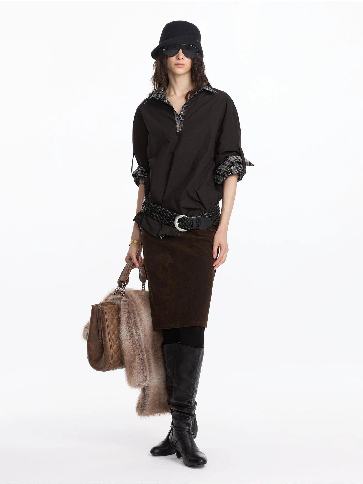 LYUOCHENG Reversible Plaid Shirt With Adjustable Waist In Black