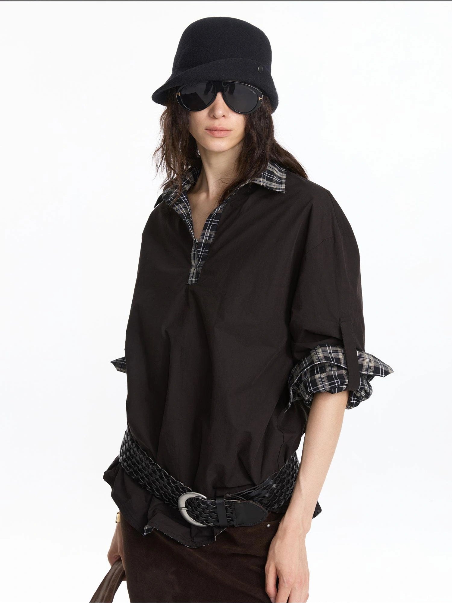 LYUOCHENG Reversible Plaid Shirt With Adjustable Waist In Black