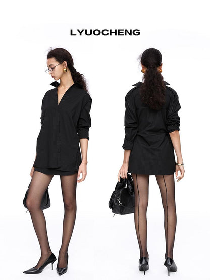 LYUOCHENG Reversible Stripe Shirt Dress With Detachable Skirt