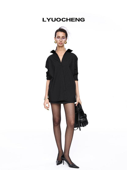 LYUOCHENG Reversible Stripe Shirt Dress With Detachable Skirt