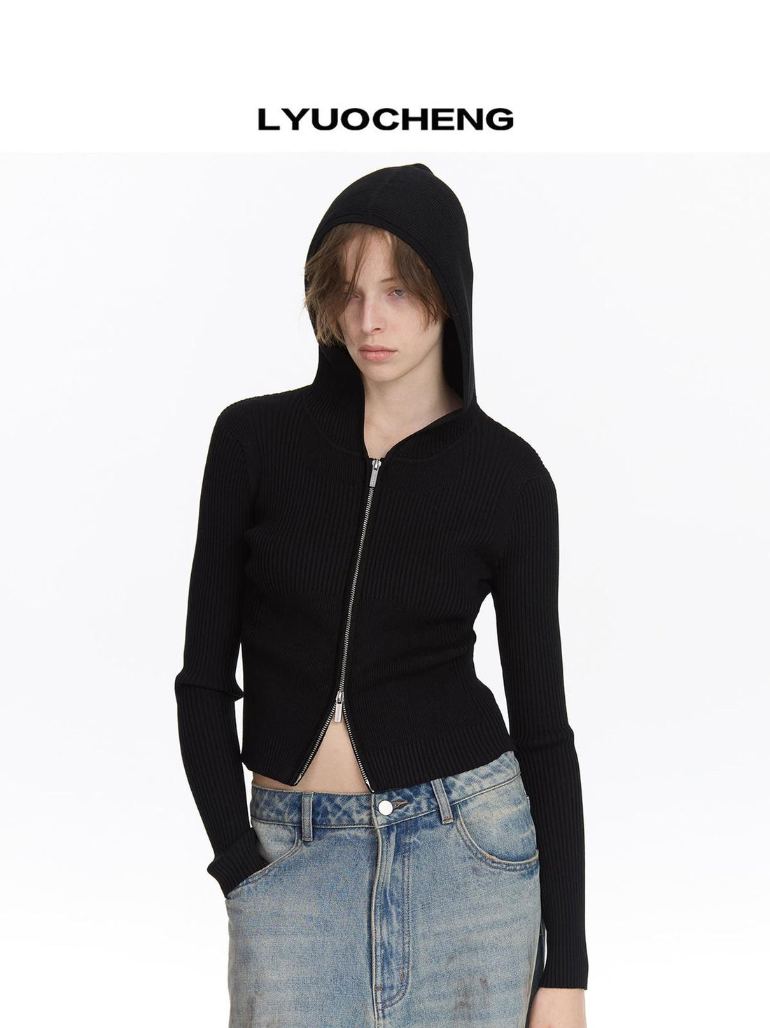 LYUOCHENG Ribbed Knit Zip Hoodie