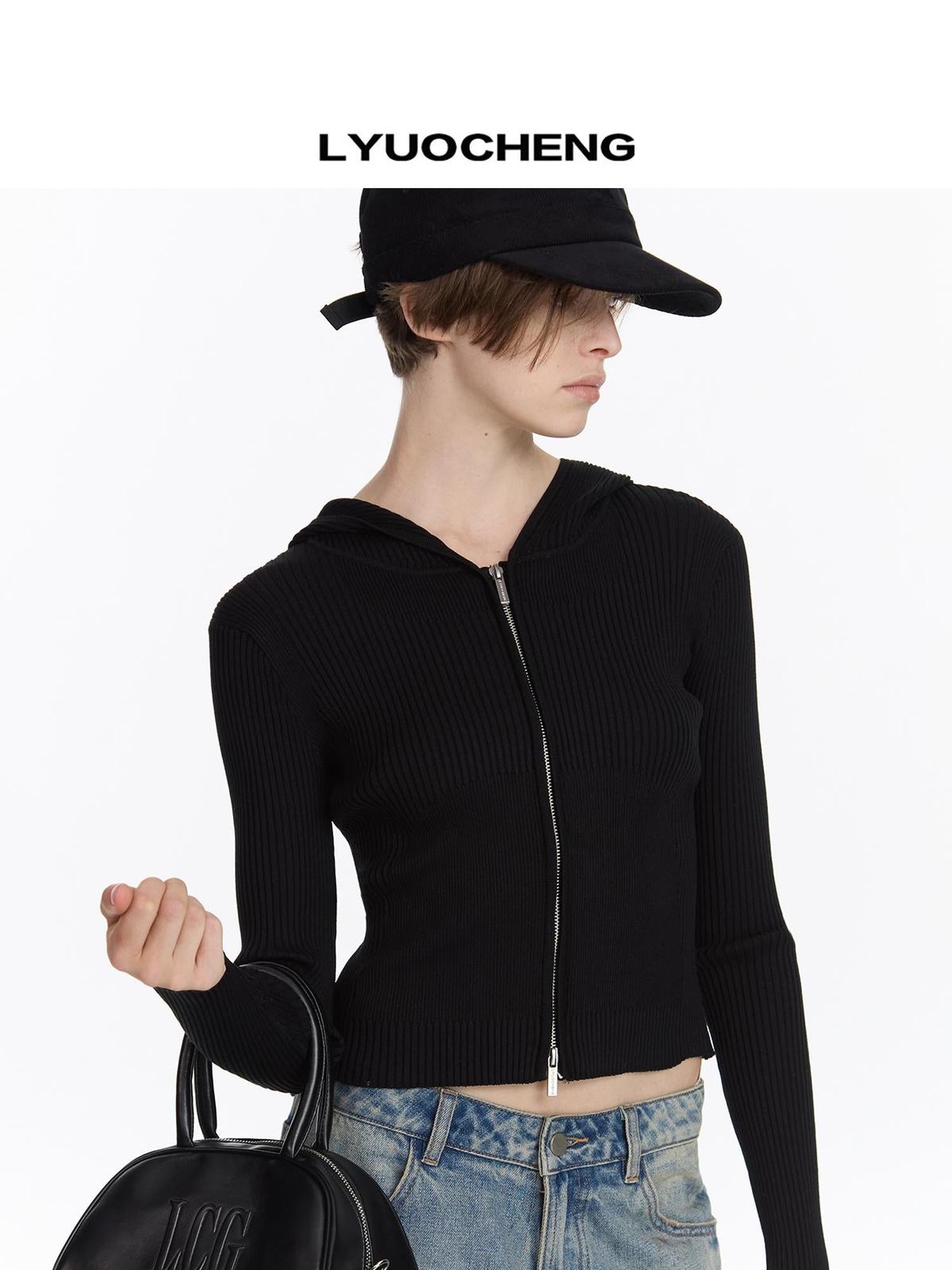 LYUOCHENG Ribbed Knit Zip Hoodie
