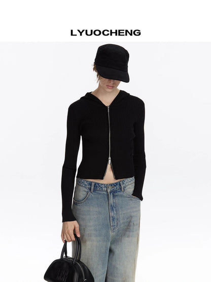LYUOCHENG Ribbed Knit Zip Hoodie