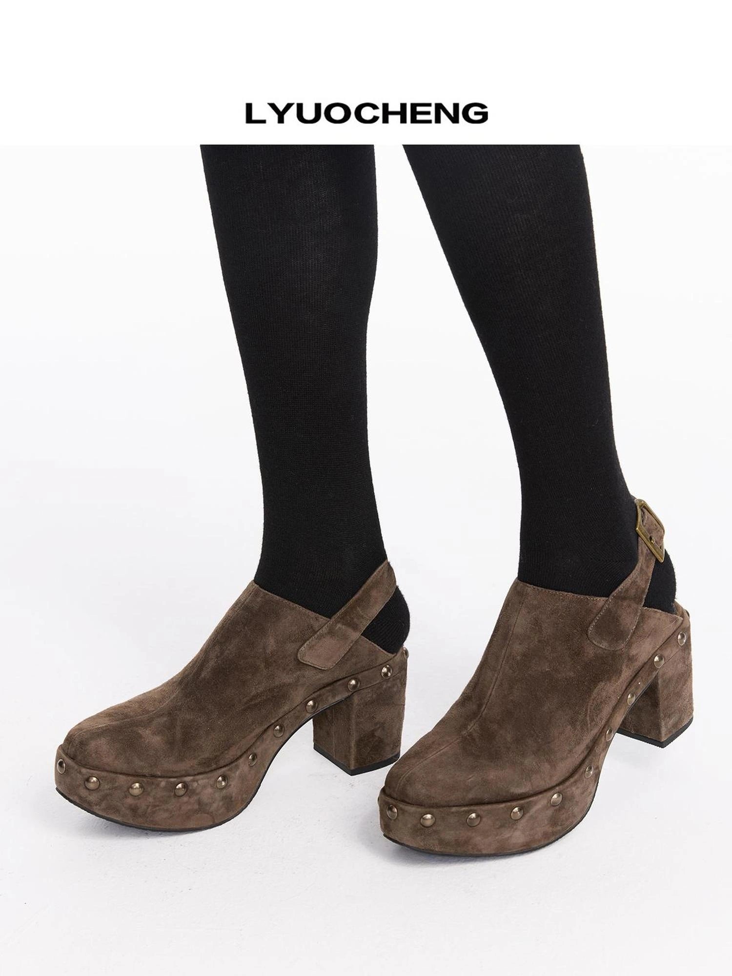 LYUOCHENG Rivet Studded Suede Wedge Boots In Brown