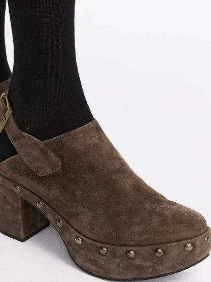 LYUOCHENG Rivet Studded Suede Wedge Boots In Brown