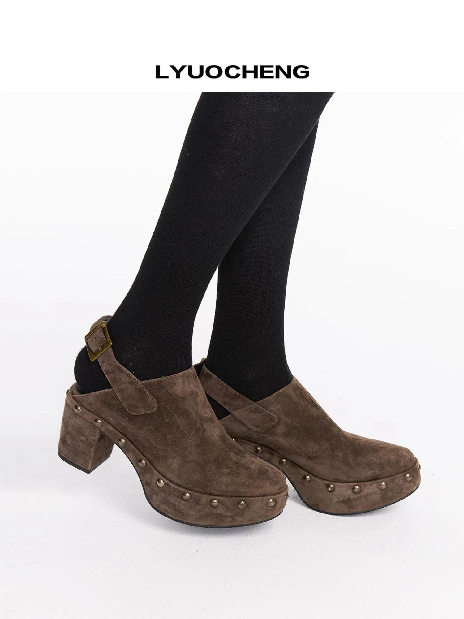 LYUOCHENG Rivet Studded Suede Wedge Boots In Brown