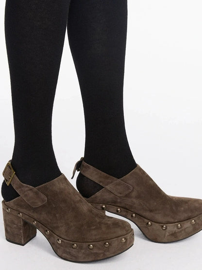 LYUOCHENG Rivet Studded Suede Wedge Boots In Brown