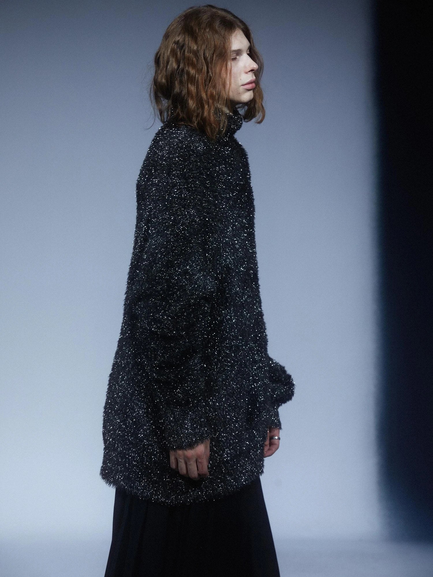 LYUOCHENG Silver Glitter Stripe High Neck Oversized Knit Sweater