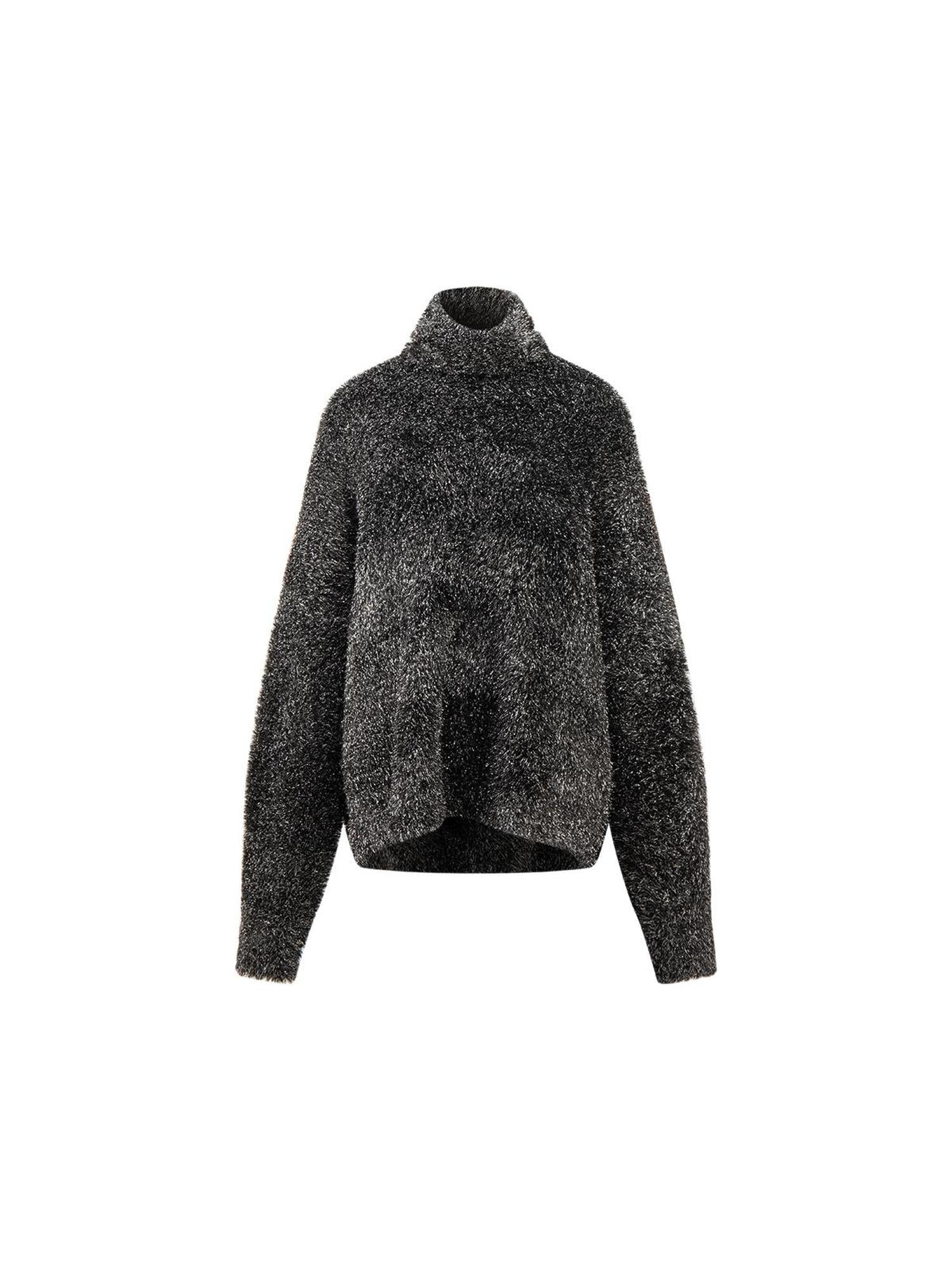 LYUOCHENG Silver Glitter Stripe High Neck Oversized Knit Sweater