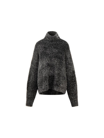 LYUOCHENG Silver Glitter Stripe High Neck Oversized Knit Sweater
