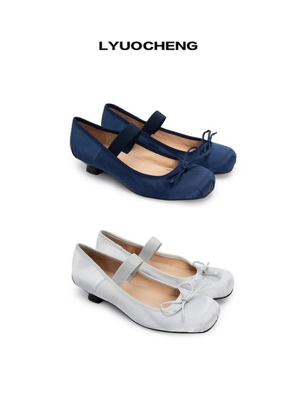 LYUOCHENG Silver Navy Low Heel Ballet Mary Janes
