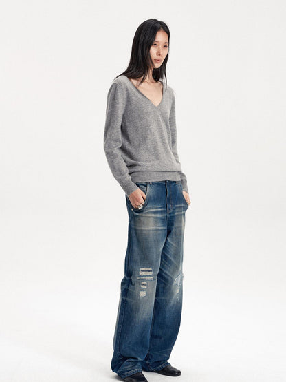 LYUOCHENG Soft Knit Solid V-neck Women&