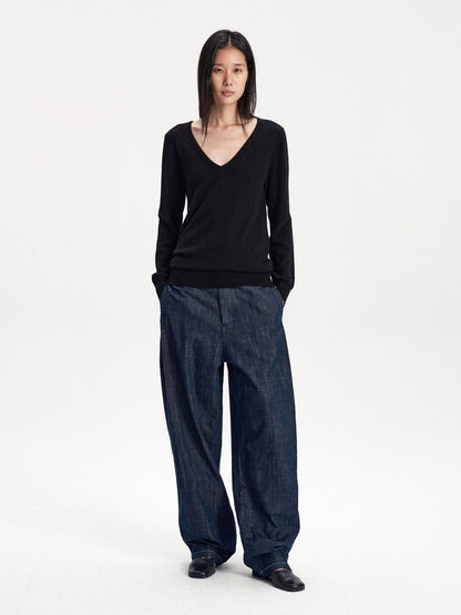 LYUOCHENG Soft Knit Solid V-neck Women&