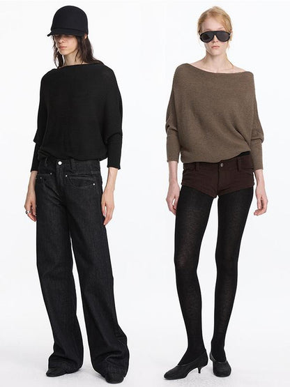 LYUOCHENG Soft Wool Blend Batwing Sleeve Off Shoulder Sweater
