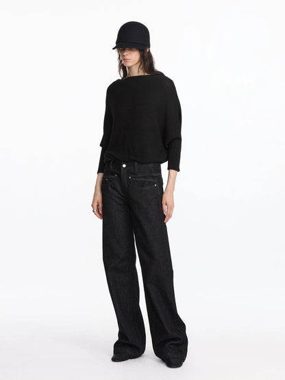 LYUOCHENG Soft Wool Blend Batwing Sleeve Off Shoulder Sweater