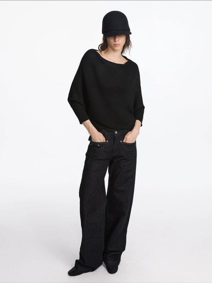 LYUOCHENG Soft Wool Blend Batwing Sleeve Off Shoulder Sweater