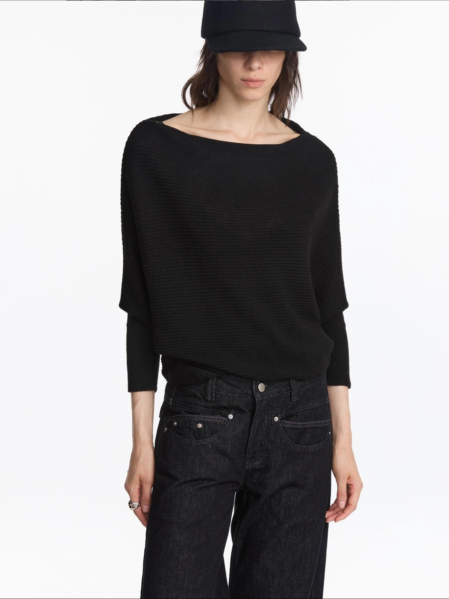 LYUOCHENG Soft Wool Blend Batwing Sleeve Off Shoulder Sweater