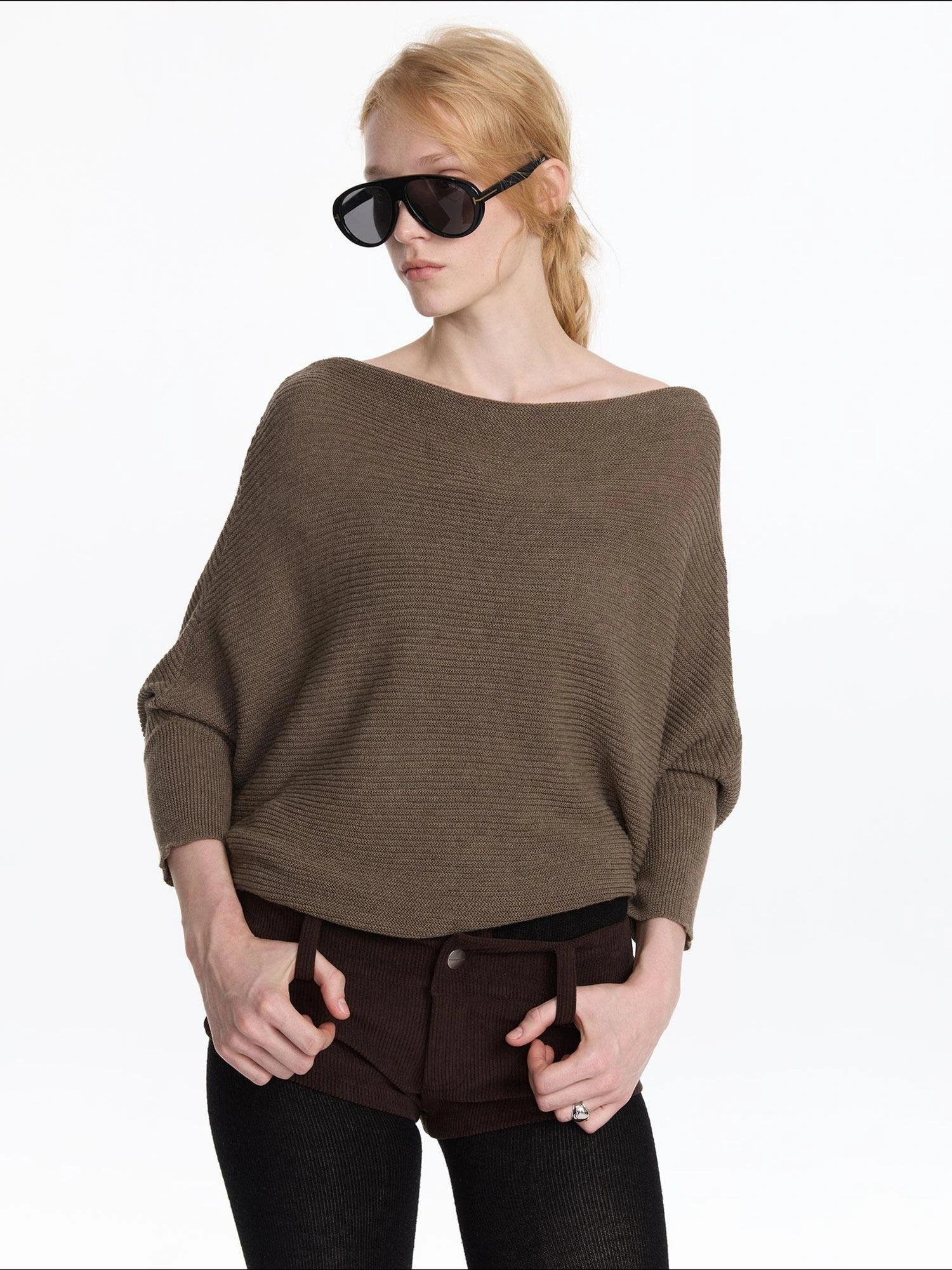 LYUOCHENG Soft Wool Blend Batwing Sleeve Off Shoulder Sweater