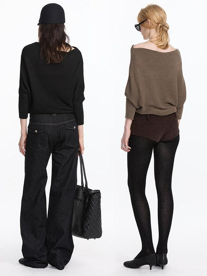 LYUOCHENG Soft Wool Blend Batwing Sleeve Off Shoulder Sweater