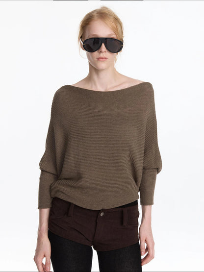 LYUOCHENG Soft Wool Blend Batwing Sleeve Off Shoulder Sweater