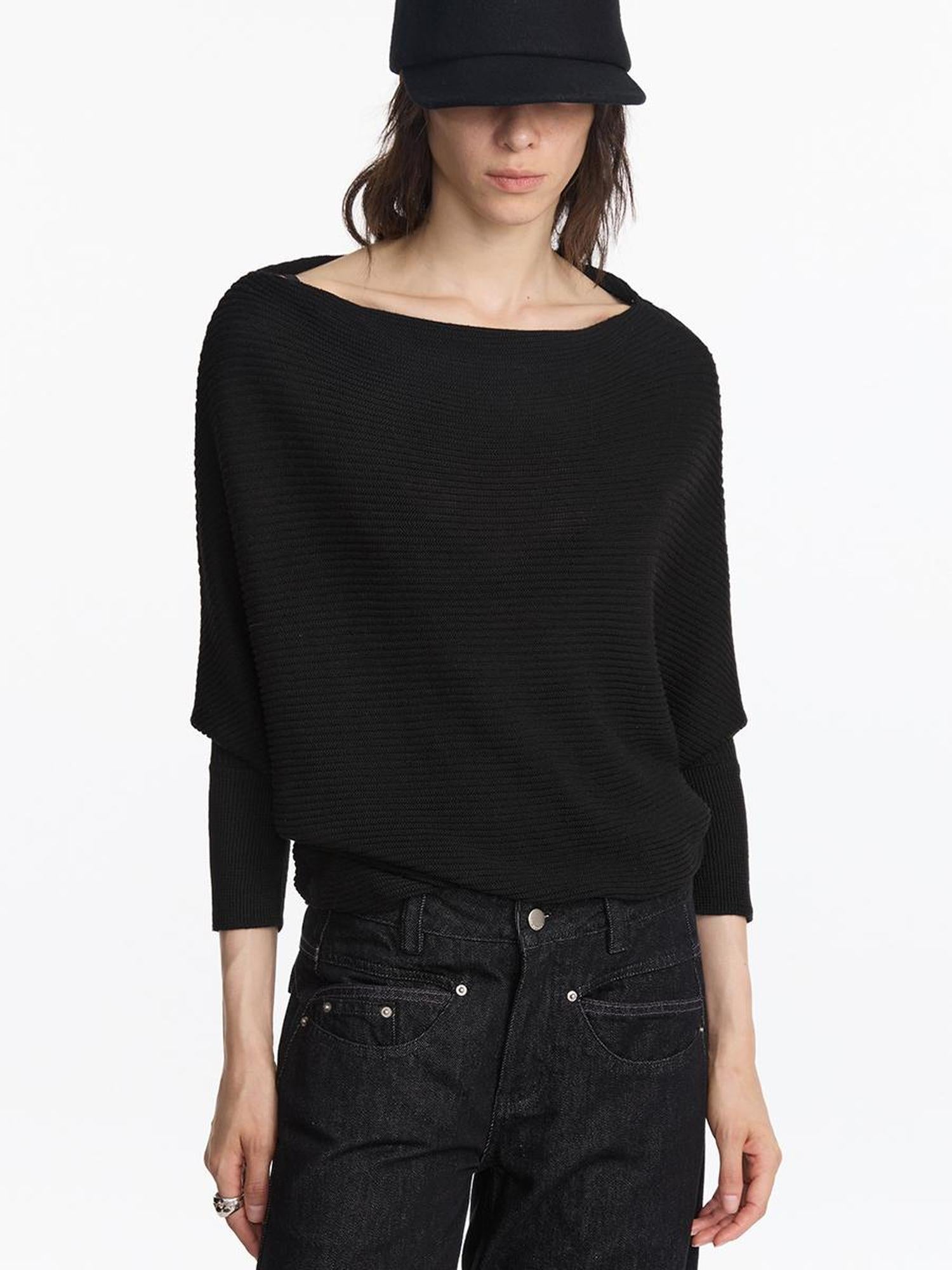 LYUOCHENG Soft Wool Blend Batwing Sleeve Off Shoulder Sweater