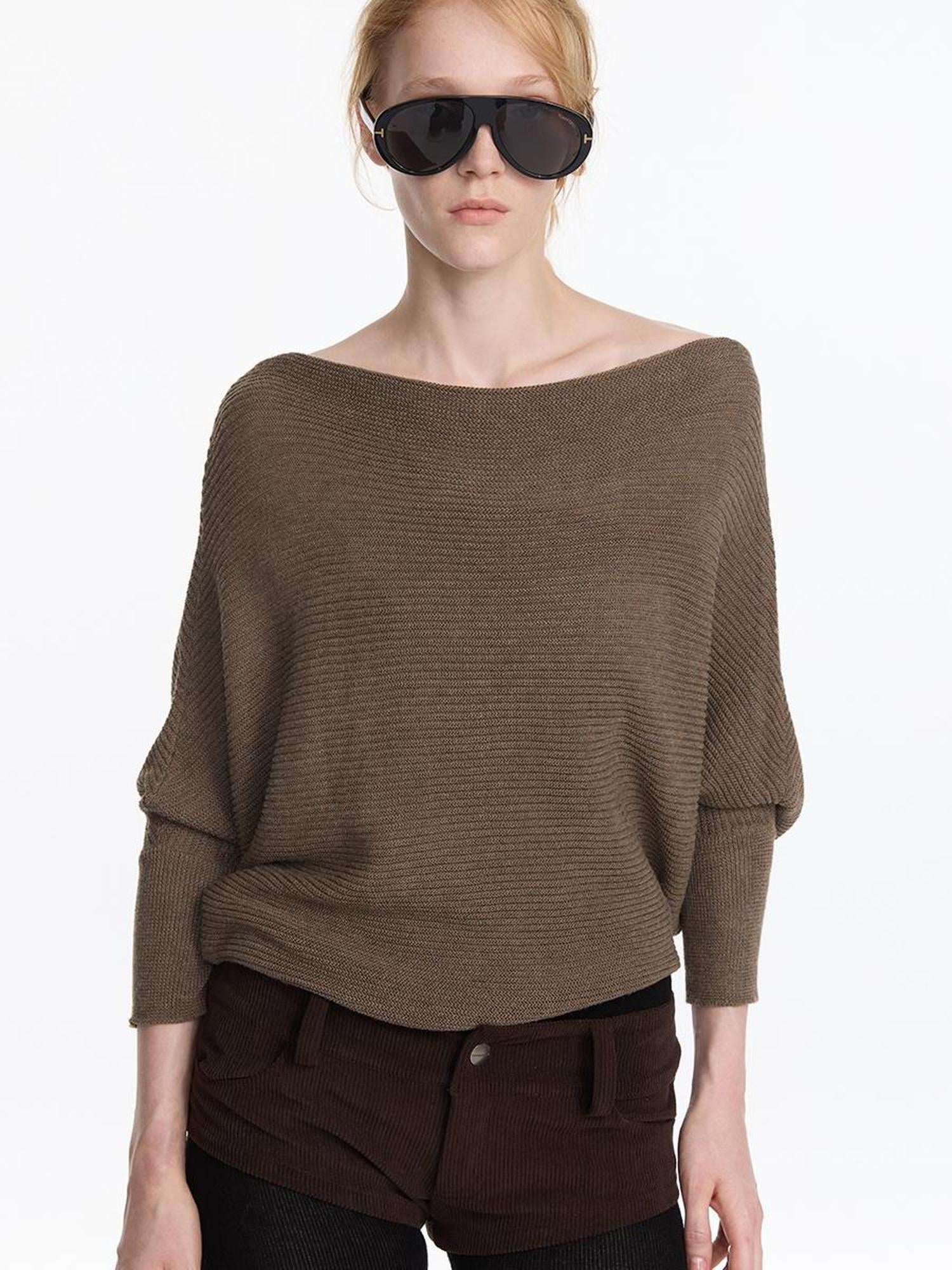 LYUOCHENG Soft Wool Blend Batwing Sleeve Off Shoulder Sweater