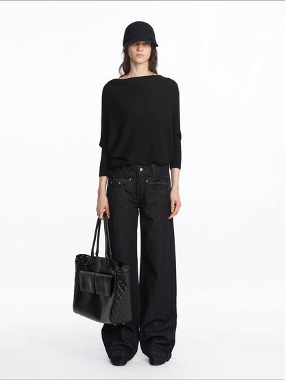 LYUOCHENG Soft Wool Blend Batwing Sleeve Off Shoulder Sweater