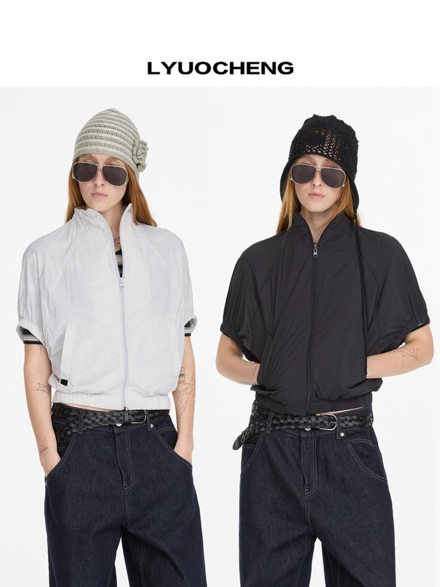 LYUOCHENG Solid Batwing Stand Collar Zipper Short Loose Uv Women&