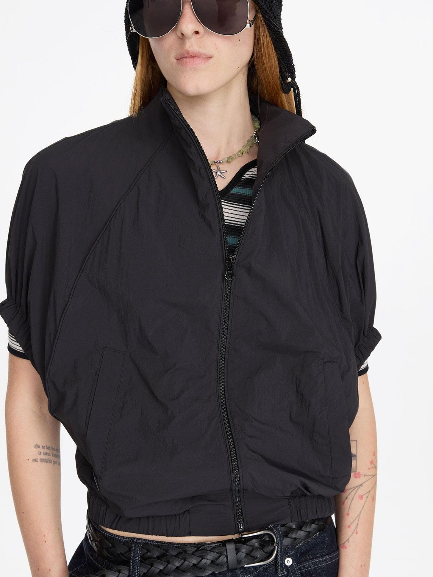 LYUOCHENG Solid Batwing Stand Collar Zipper Short Loose Uv Women&