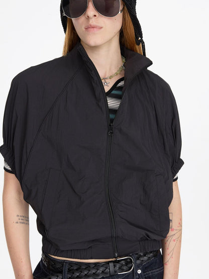 LYUOCHENG Solid Batwing Stand Collar Zipper Short Loose Uv Women&