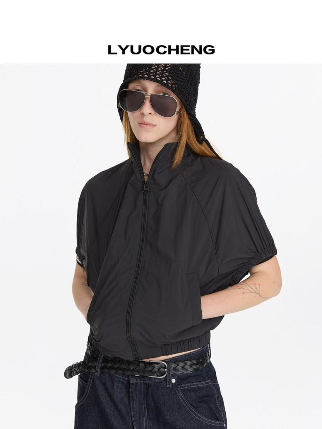 LYUOCHENG Solid Batwing Stand Collar Zipper Short Loose Uv Women&