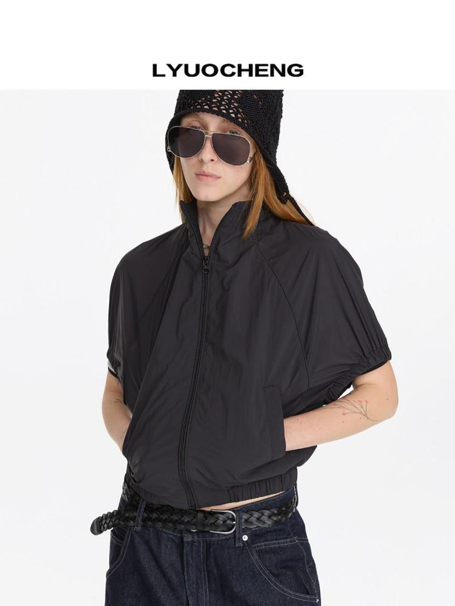 LYUOCHENG Solid Batwing Stand Collar Zipper Short Loose Uv Women&