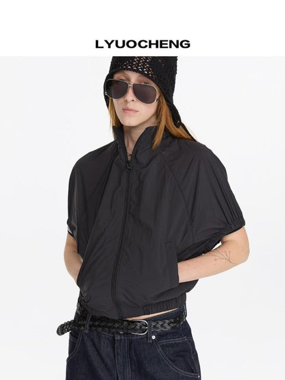 LYUOCHENG Solid Batwing Stand Collar Zipper Short Loose Uv Women&
