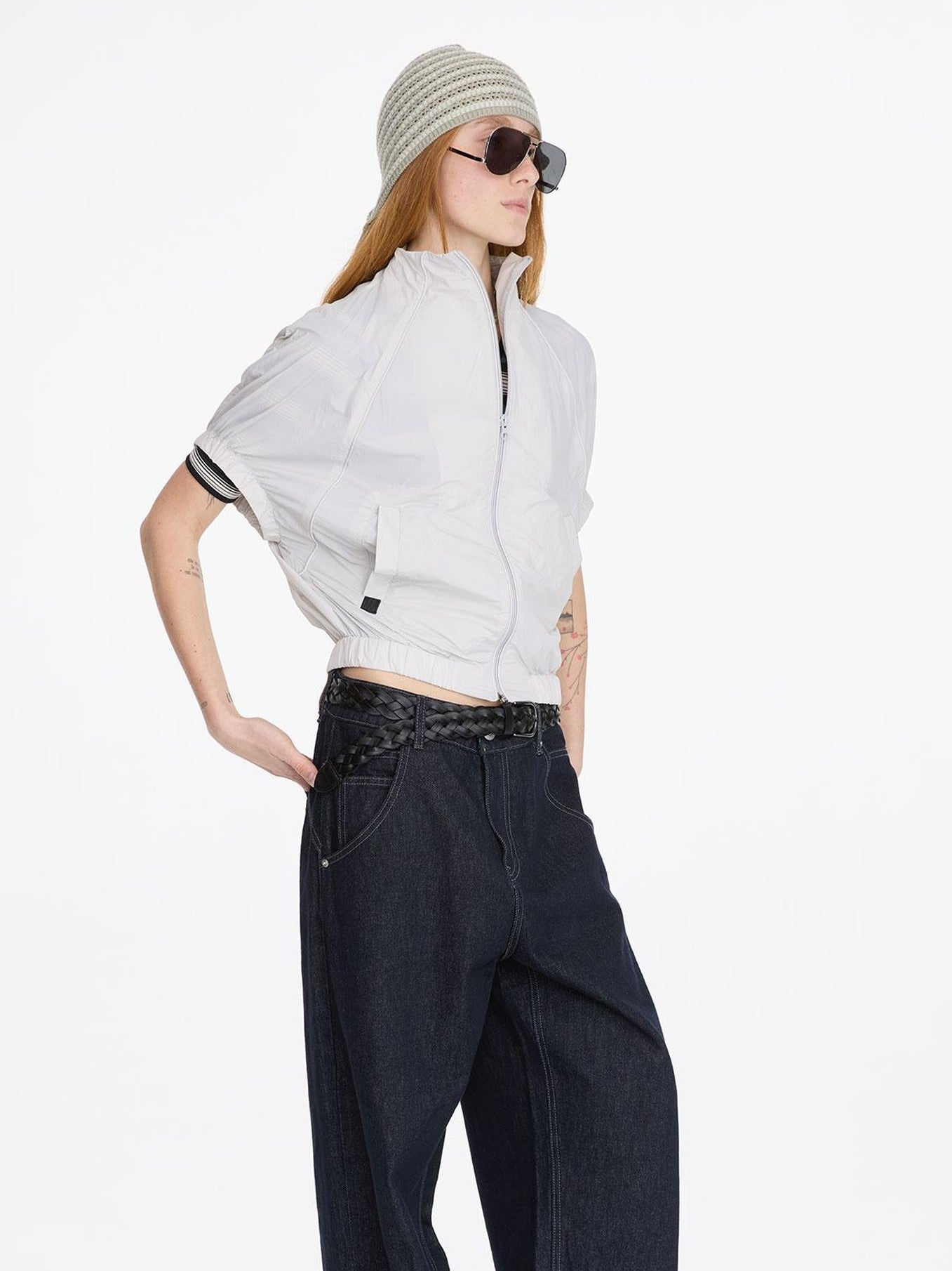 LYUOCHENG Solid Batwing Stand Collar Zipper Short Loose Uv Women&