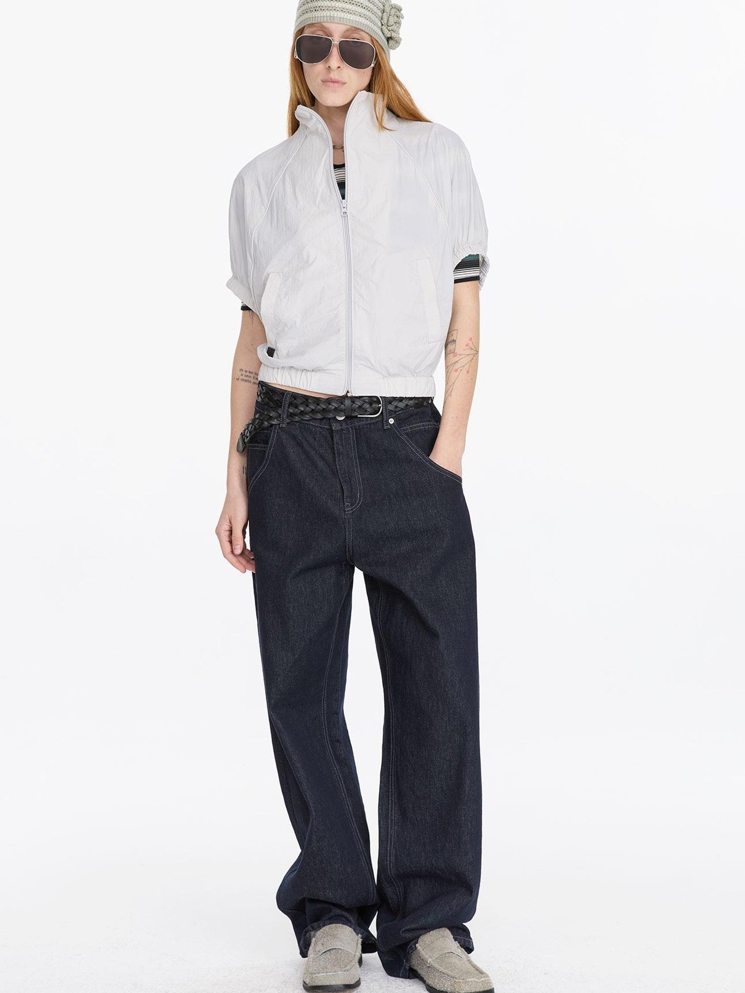 LYUOCHENG Solid Batwing Stand Collar Zipper Short Loose Uv Women&