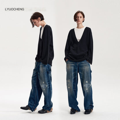 LYUOCHENG_Solid_Minimalist_Deep_V-neck_Pullover_Wool_Blend_Women&