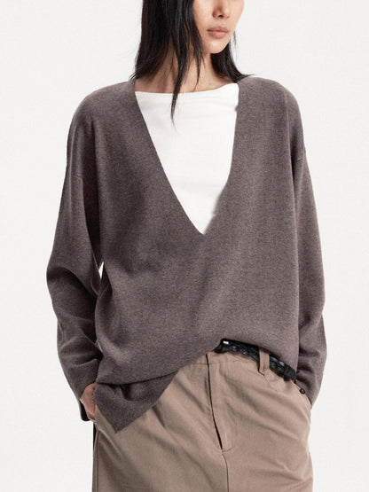 LYUOCHENG Solid Minimalist Deep V-neck Pullover Wool Blend Women&