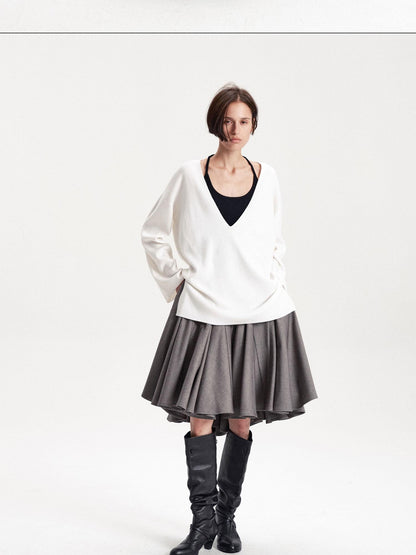 LYUOCHENG Solid Minimalist Deep V-neck Pullover Wool Blend Women&
