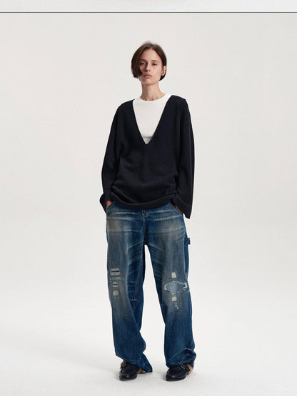 LYUOCHENG Solid Minimalist Deep V-neck Pullover Wool Blend Women&