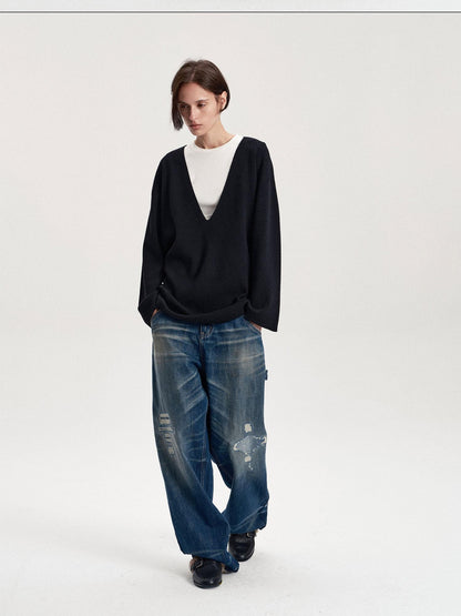 LYUOCHENG Solid Minimalist Deep V-neck Pullover Wool Blend Women&