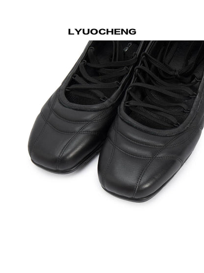 LYUOCHENG Spongy Ribbed Leather Ballet Flats