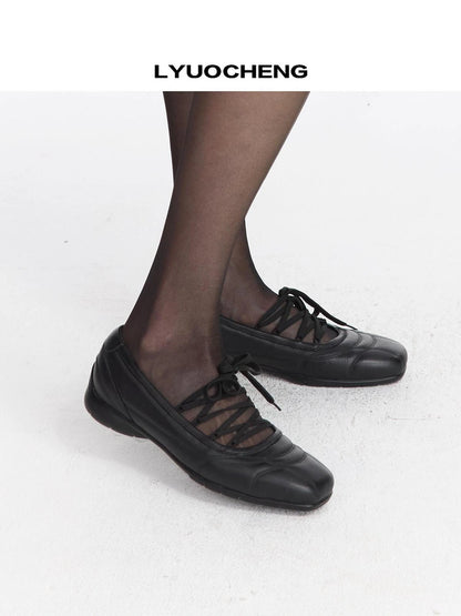LYUOCHENG Spongy Ribbed Leather Ballet Flats