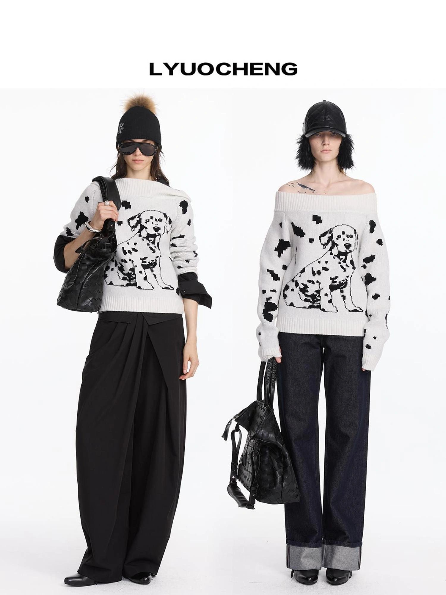LYUOCHENG Spotted Dog Off Shoulder Knit Sweater