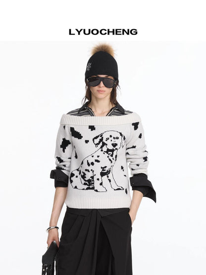LYUOCHENG Spotted Dog Off Shoulder Knit Sweater