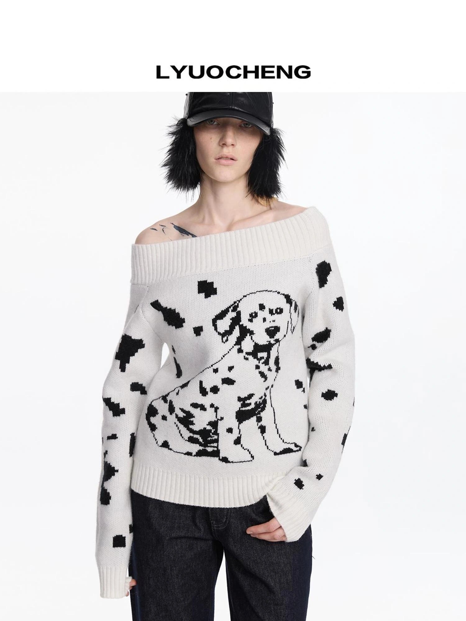 LYUOCHENG Spotted Dog Off Shoulder Knit Sweater
