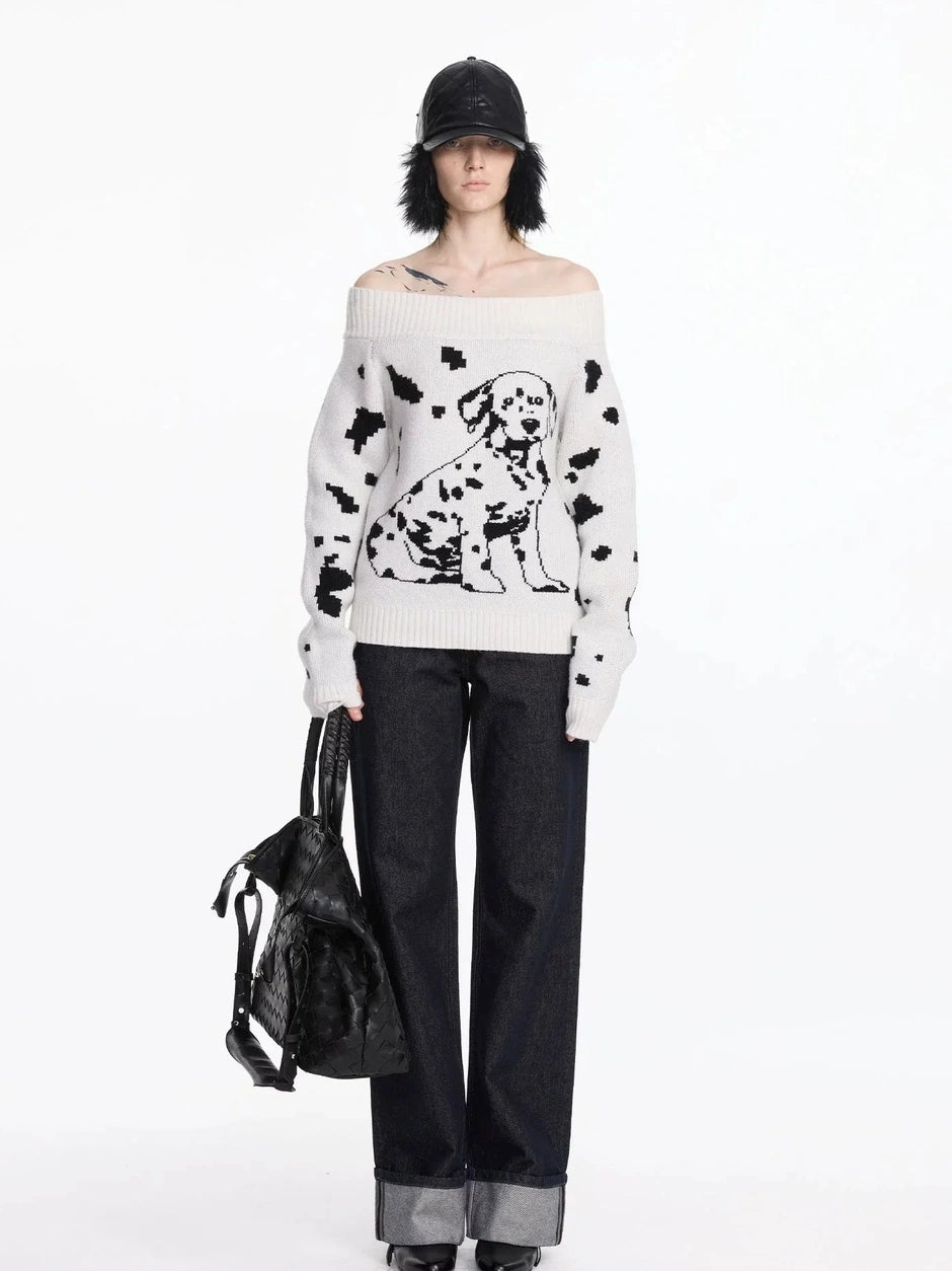 LYUOCHENG Spotted Dog Off Shoulder Knit Sweater