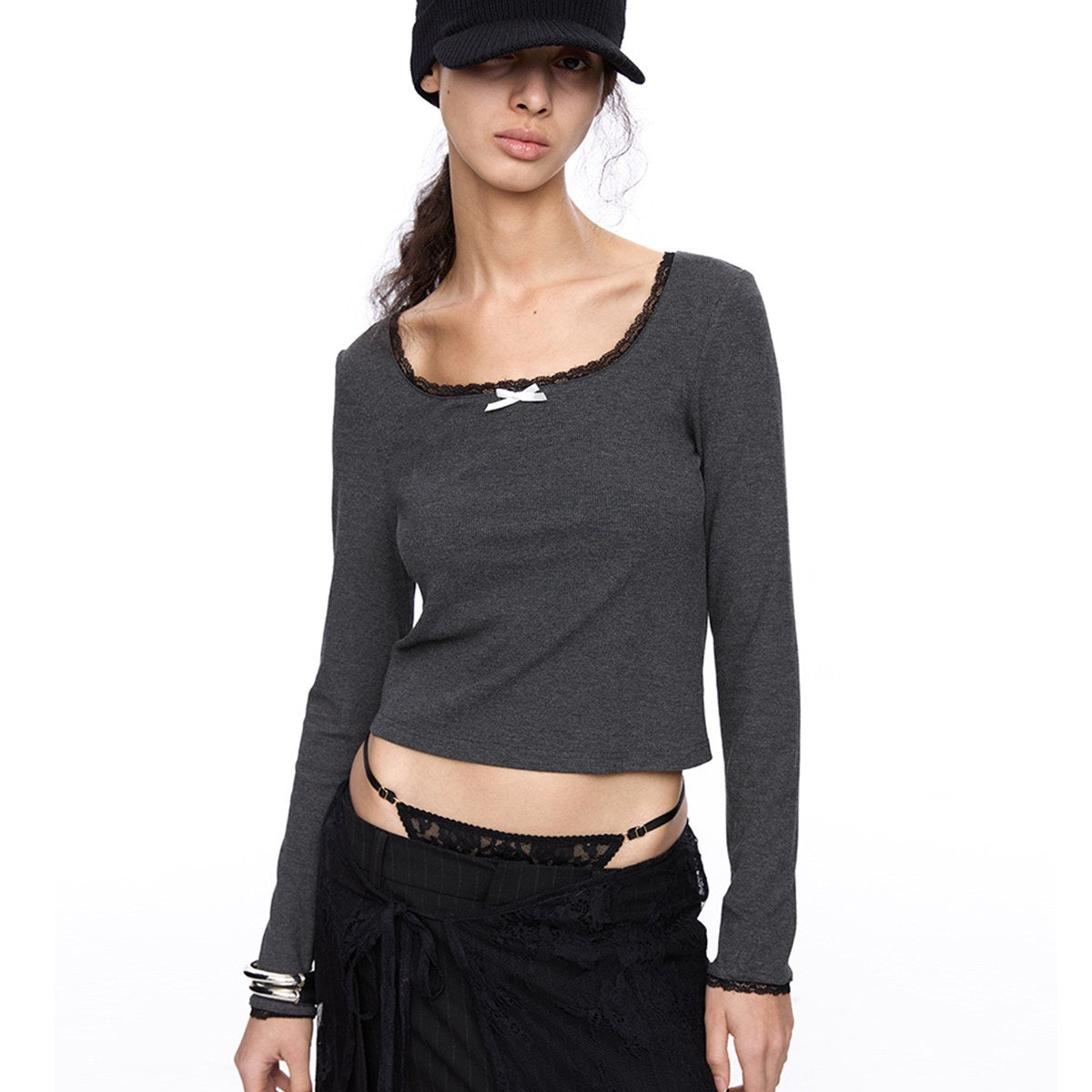LYUOCHENG_Square_Neck_Lace_Spliced_Bow_Women&