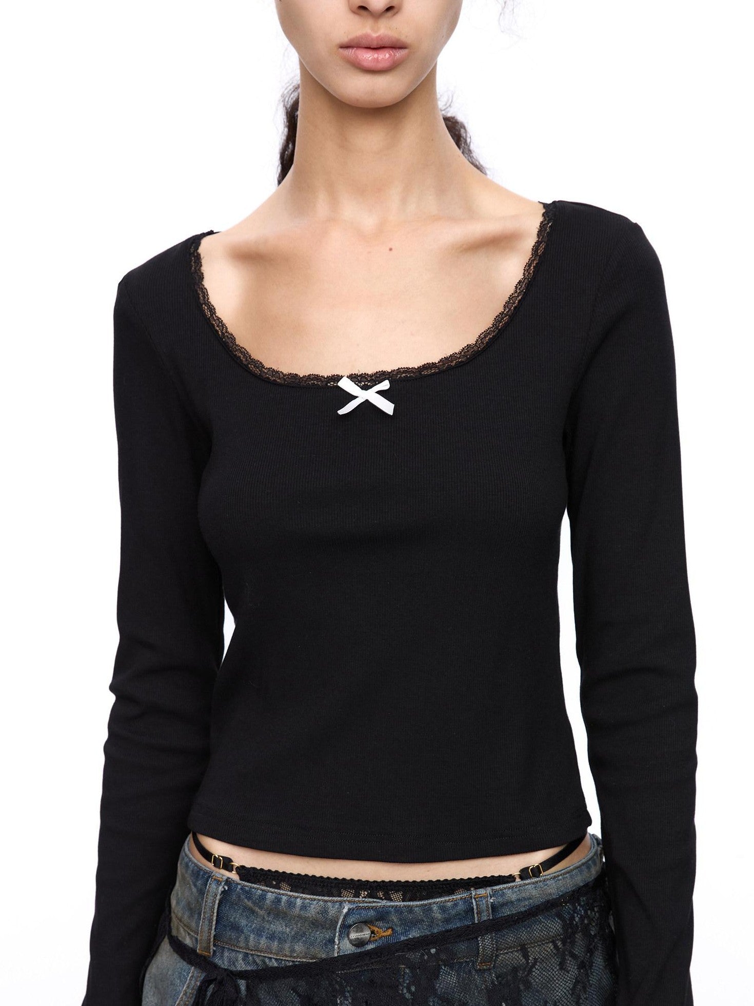 LYUOCHENG Square Neck Lace Spliced Bow Women&