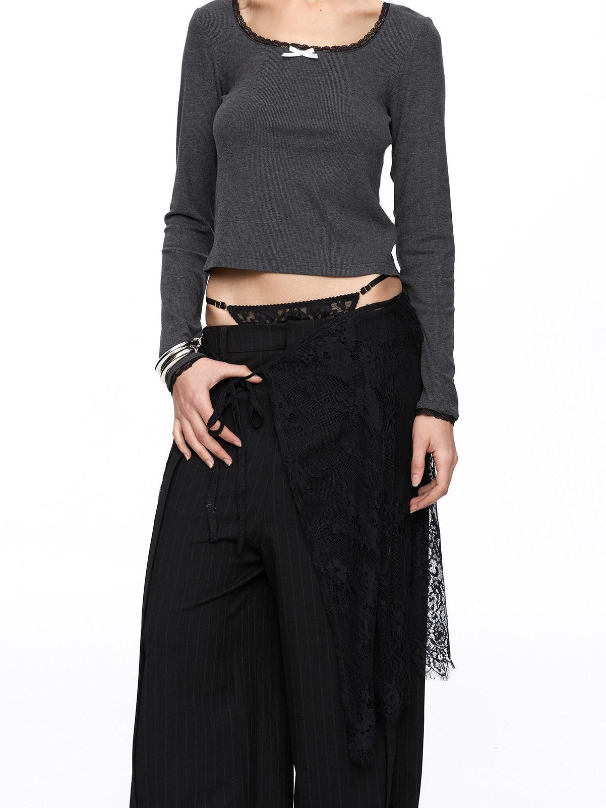 LYUOCHENG Square Neck Lace Spliced Bow Women&