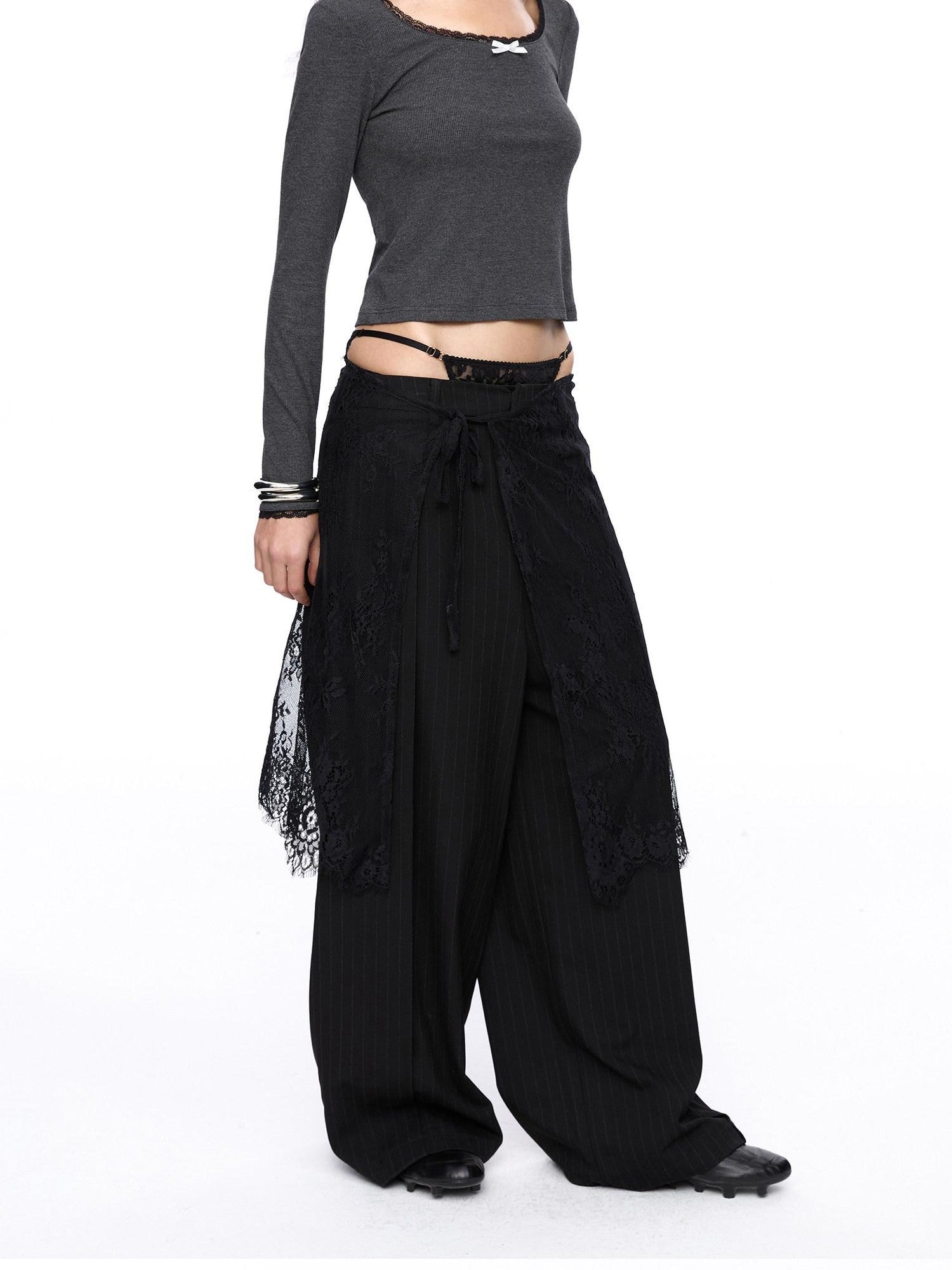 LYUOCHENG Square Neck Lace Spliced Bow Women&